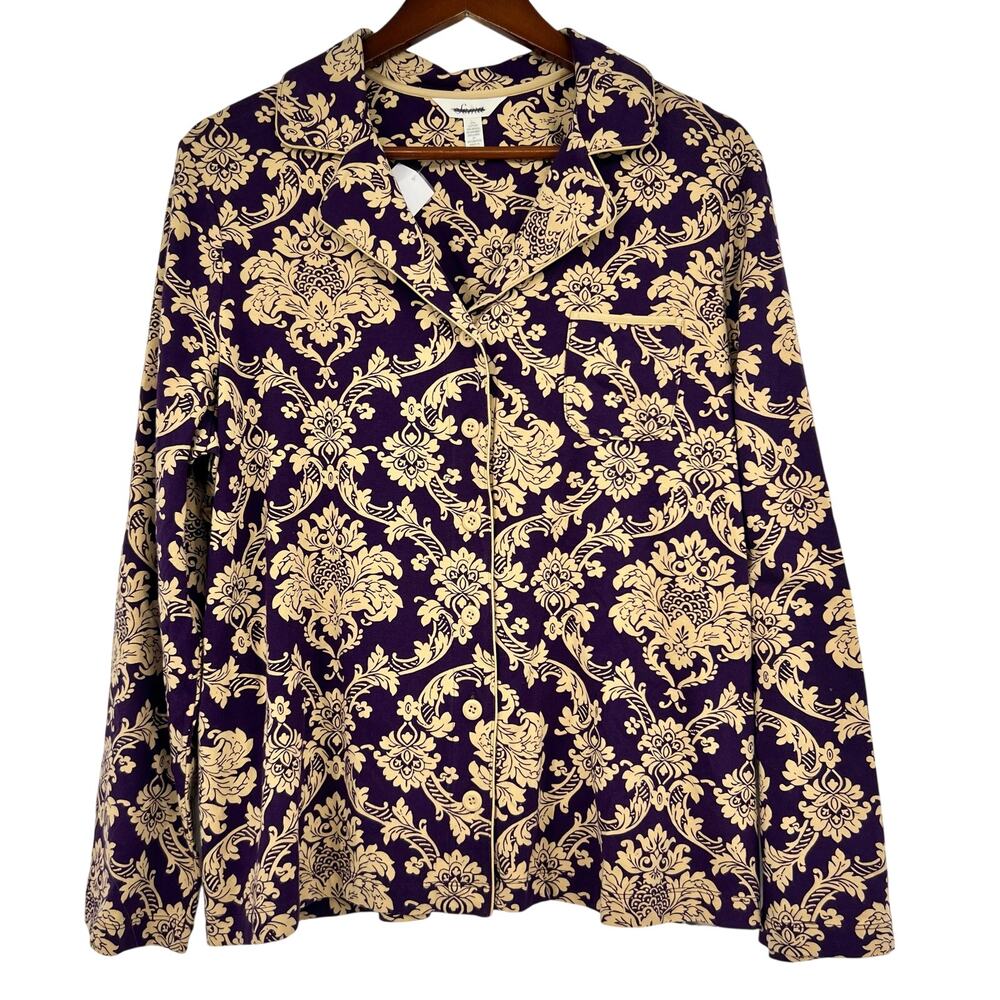 Soma Embraceable Purple & Gold Floral Pajama Top button front long sleeve XL